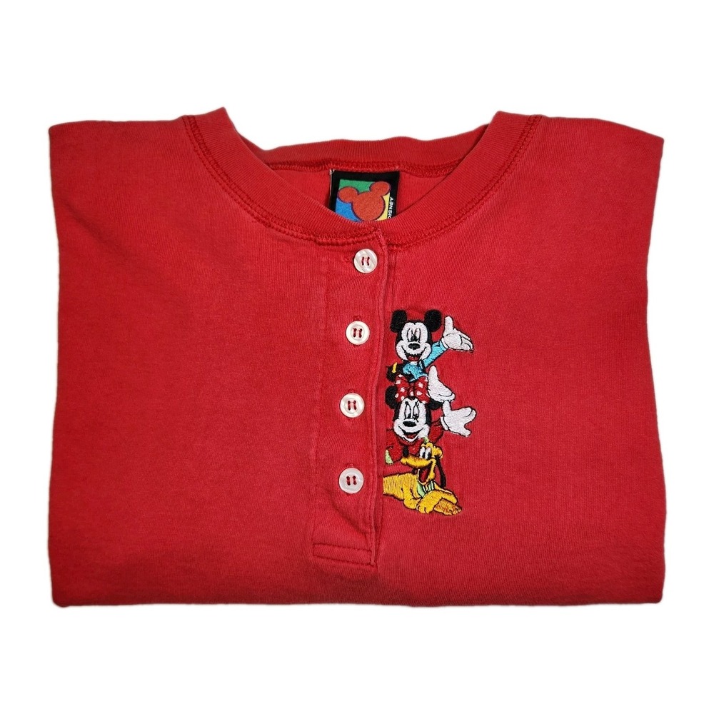 Vintage Mickey Unlimited Henley Shirt Large Red Embroidered Disney Mickey Minnie